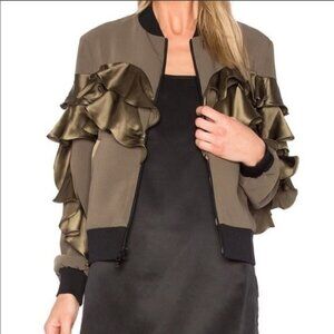 Cinq A Sept Leia Satin-Ruffle Bomber Jacket, Olive size XS